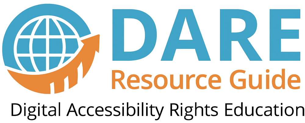 Logo of DARE, featuring a globe and arrow, with text Resource Guide and Digital Accessibility Rights Evaluation.